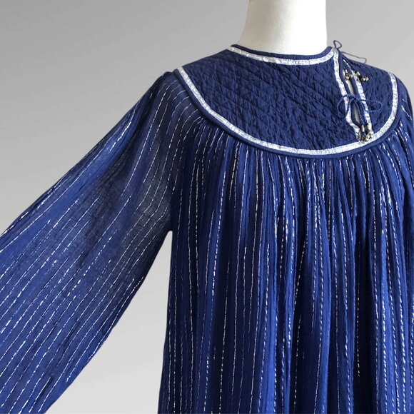 Vintage 70s 80s Silver Metal Lurex & Blue Cotton Gauze Indian Quilted Bib Dress - Picture 6 of 11